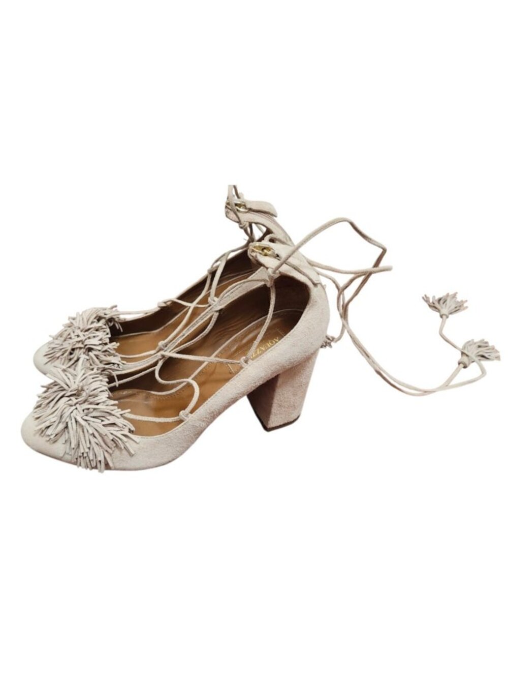Aquazzura Wild Thing Fringe Suede Lace Up Block Heel Pumps Beige EU 36.5 US 6 - Picture 6 of 12